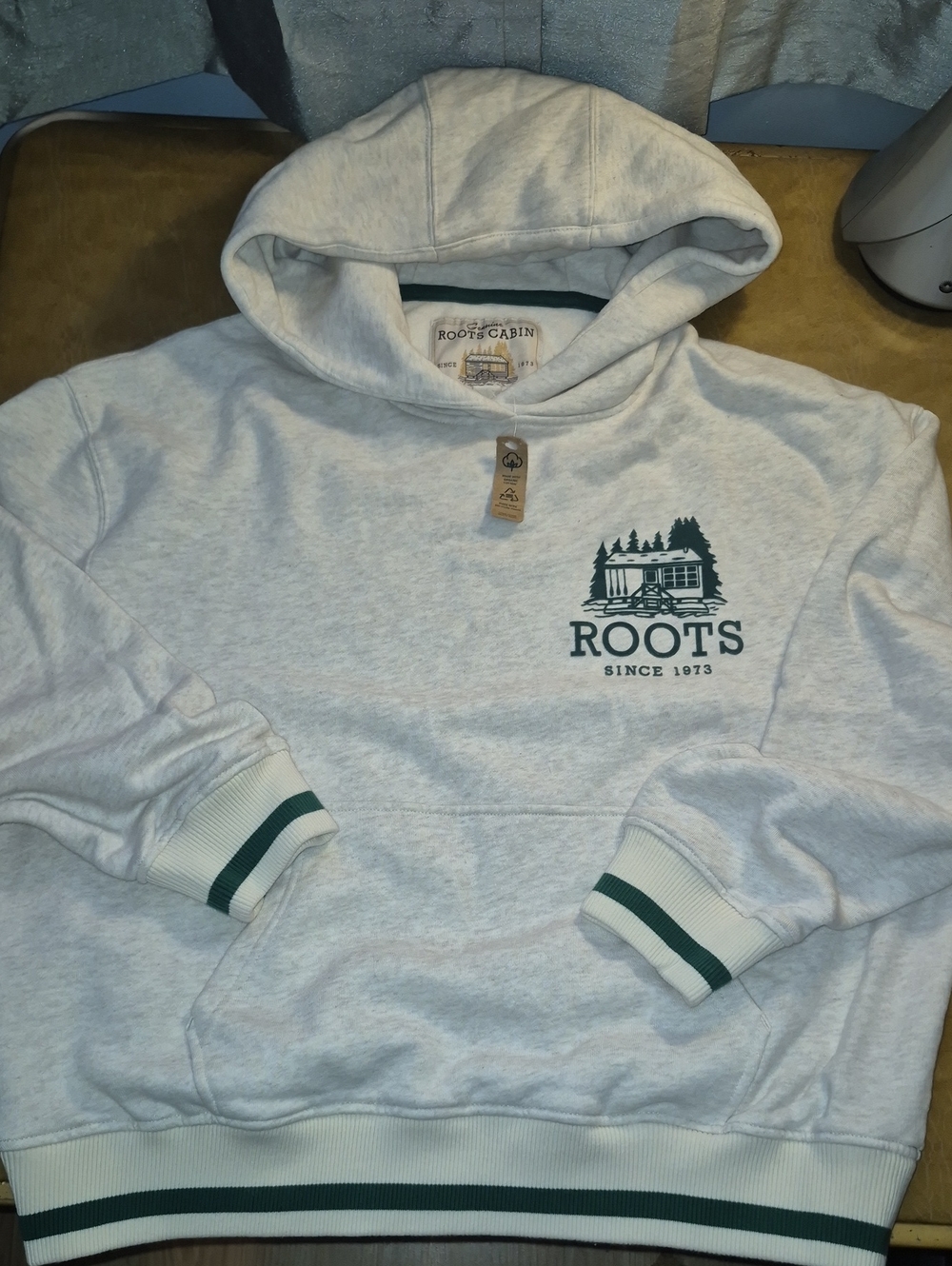 Womens Roots Cabin Collection Varsity Trim Light Gray Organic Cotton Hoodie L